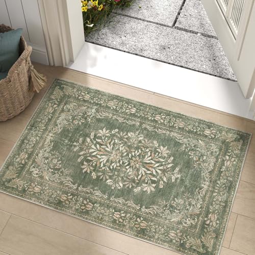 jinchan Green Floral 2x3 Rug for Entryway - Vintage Washable Area Rug Ultra-Thin Low Pile Soft Small Non Slip Distressed Doormat for Entrance Kitchen Bathroom Bedroom (2x3ft,Dark Green) - color: Floral Dark Green, size: 2' x 3' (Buttery Soft)