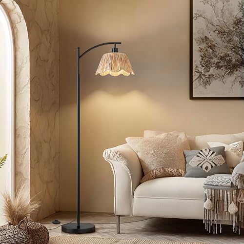 Oneach Boho Rattan Floor Lamp for Living Room, Farmhouse Standing Lamp with Hand-Woven Shade, Black Metal Base & Pole, Foot Switch - Corner Reading Lamp for Bedroom - color: Oil Black