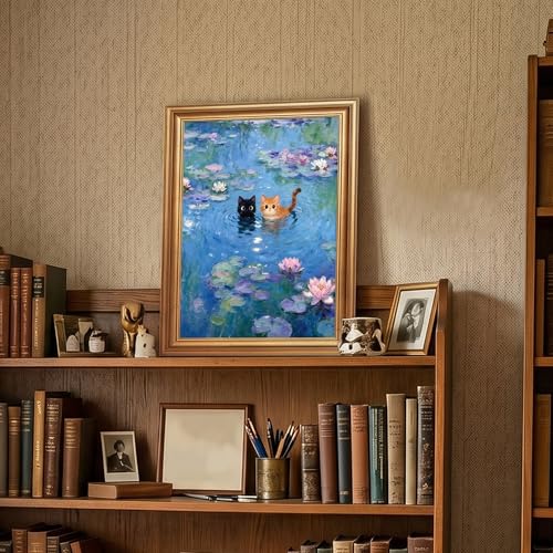 ICHZUMW Gold Framed Funny Cat Canvas Wall Art, Monet Style Water Lily Painting with Black and Orange Cats, Whimsical Animal Wall Decor, Ready to Hang for Bedroom Living Room Bathroom, 16x24in - color: Monet’s Garden Cats, size: 24"L x 16"W