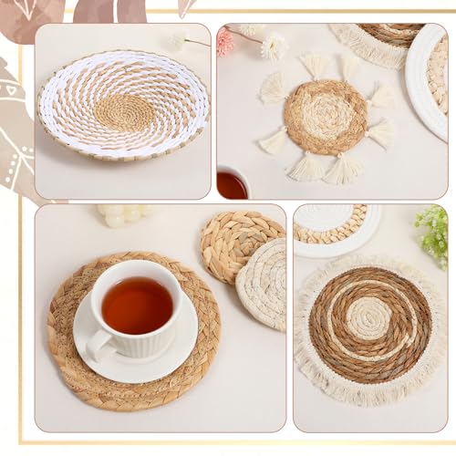 9 Pack Boho Wall Basket Decor, Seagrass Rattan Woven Wall Basket Decoration, Wicker Boho Walls Decor, Round Handmade Bohemian Hanging Baskets for Farmhouse, Living Room, Display Table Setting, Kitchen