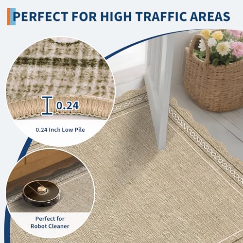 GarveeHome Scalloped Runner Rug for Hallway 2x10 Kitchen Rugs Non Slip Washable Modern Entryway Rug Farmhouse Soft Bathroom Rugs Stain Resistant Carpet for Hallway Laundry Bedroom 2'x10' Jute Color - color: Jute Color, size: 2' x 10' (Runner)