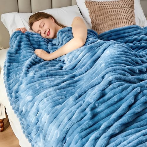 Blue Striped Throw Blanket, 330GSM Soft Plush Fleece Blanket for Couch Sofa Travel, Decorative Cozy Giftable Home Blanket, 50x60 Inches - color: Blue, size: Throw(50"x60")
