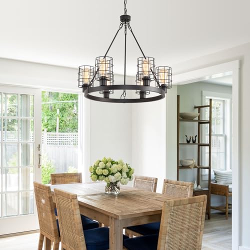 Wagon Wheel Chandelier Modern Farmhouse Pendant Light,Black Farmhouse Chandelier, 6-Light Wagon Wheel Chandelier with Adjustable Height, Dining Room Light Fixture, Hanging Lights - color: D