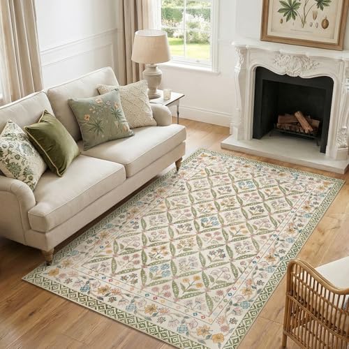 jinchan Haden 4x6 Floral Area Rug Vintage Cottage Decor Soft Non-Slip Low Pile Washable for Bedroom Dining Room Home Office Apartment Small Living Room Carpet Sage Green - color: Sage Green, size: 4' x 6' (Rectangular)