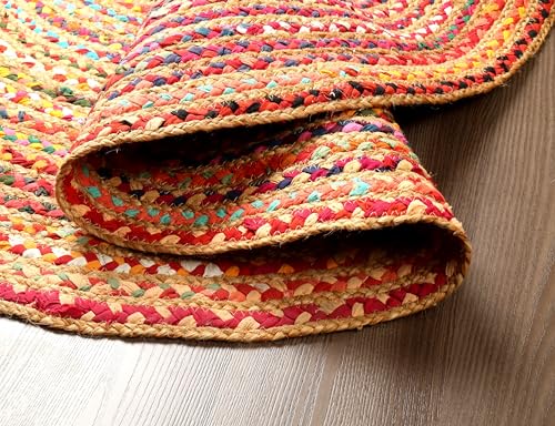 Hausattire Bohemian Braided Rug 3' Round - Multi Color, Small Farmhouse Jute Cotton Area Rag Rugs for Kids Bedroom, Playroom | Colorful Circle Hand Woven Cute Accent Mat - color: Multi Color, size: 3' (Round)