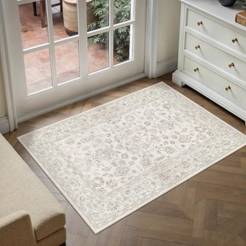 PureCozy 2x3 Beige-White Entryway Area Rug Machine Washable Door Mat Kitchen Vintage Distressed Non Slip Carpet Indoor Retro Floral Accent Throw Small Rug for Bathroom Office Bedroom Dining Room - color: Beige-white, size: 2' x 3' (Rectangular)