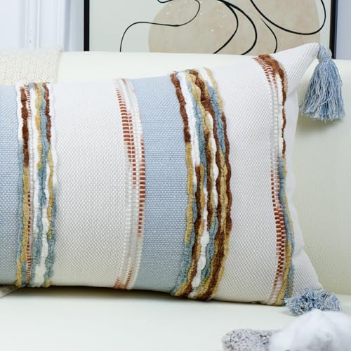 PANOD Chenille Farmhouse Throw Pillow Covers 18 x 18 Blue Brown, Neutral Boucle Couch Pillow Cover, Striped Decorative Boho Coushion Cover Pillow Case for Couch Bed Sofa Bedroom,Modern Accent,Set of 2 - color: Light Blue Tone, size: 18" x 18" (Pack of 2)