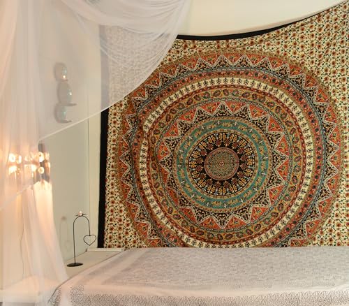 Popular Handicrafts Wall Hanging Tapestry For Bedroom Hippie Mandala Bohemian Psychedelic Intricate Floral Design Indian Bedspread Magical Thinking Tapestry 84x54 Inches,(215x140cms) Green Orange - color: Green Orrange, size: 84"L x 54"W