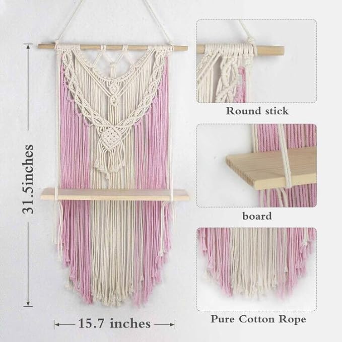 HVEST Pink Macrame Wall Hanging Shelf Boho Wall Decor Floating Storage Book Shelf Pink and Beige Handmade Woven Tapestry for Bedroom Living Room Dorm Nursery Bathroom Wall Art Macrame Plant Hanger