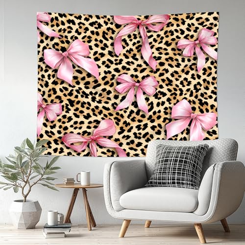 Cinbloo Cheetah Leopard Tapestry 59Wx51H Inch Pink Bow Funny Lovely Brown Wall Hanging for Womwn Girly Girls Fashion Cute Classroom Home Dorm Decor Art Living Room Bedroom - color: B-Pink Brown