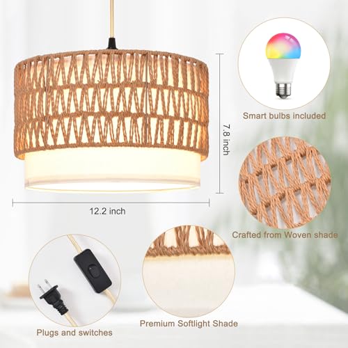 ZSLAIFU Hanging Lamp Plug in Pendant Light, 15FT Hanging Lights with Plug in Cord, Hanging Light with Smart RGBCCT Bulb and Remote, Hanging Lamps for Bedroom, Living Room, Kitchen, Farmhouse - color: Linen Rattan-White Shade