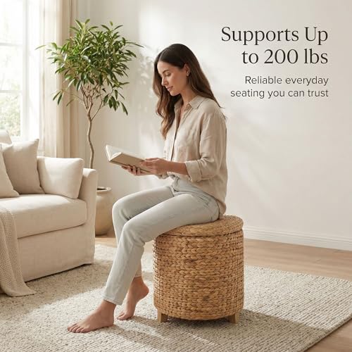 DEILSY™ Natural Water Hyacinth Round Storage Ottoman with Removable Lid, Fabric Liner & Wooden Feet – Handwoven Footstool Ottoman for Living Room, Bedroom & Entryway