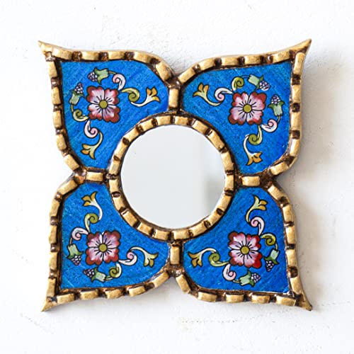 Peruvian Painted Glass Mirror with Bronze Leaf Framed - Handmade Diamond Mirror 6in for Gallery wall (Blue) - color: Blue