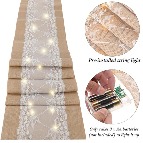 Xinnun 6 Pack Burlap Table Runner with Warm LED Lights,Rustic Lace Wedding Table Decor,Boho Farmhouse Jute Runner for Reception Bridal Shower Party(Fashion,12x70 Inches) - size: 12x70 Inches, style: Fashion