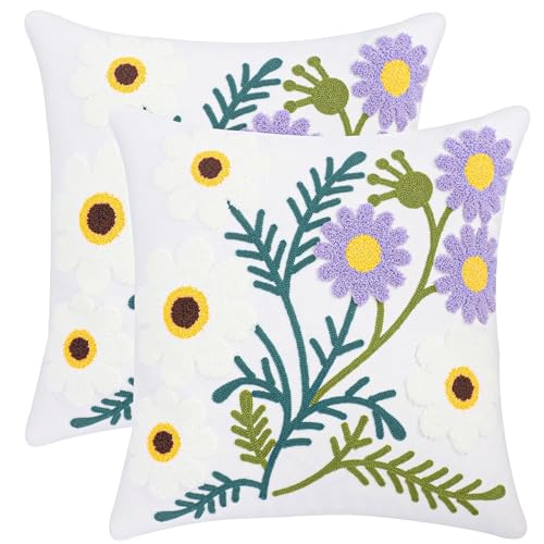 Embroidered Throw Pillow Covers 18x18 Pack of 2 Floral Pillow Covers Farmhouse Pillow Case Outdoor Garden Cushion Case Summer Decorations for Home (Purple and White Flower) - color: Purple-white Flower