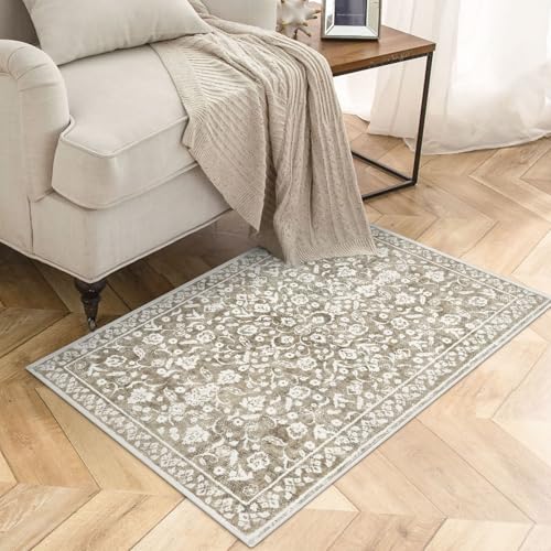 Vintage Entryway Rug Indoor, Beige Taupe Washable 2x3, Neutral Small Area Non-Slip Throw Accent Floral Kitchen Rug Print Faux Wool Super Soft Front Door Floor Carpet for Foyer Bedroom - color: Beige Taupe, size: 2' x 3' (Rectangular)