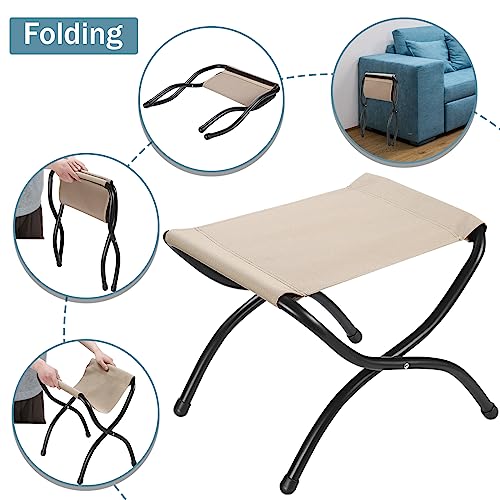 15" Foldable Foot Stool Ottoman with Metal Frame - Washable Faux Fur Grey Upholstered Indoor/Outdoor Footrest for Living Room, Bedroom, Patio - Space-Saving Compact Design - color: Fleece-grey