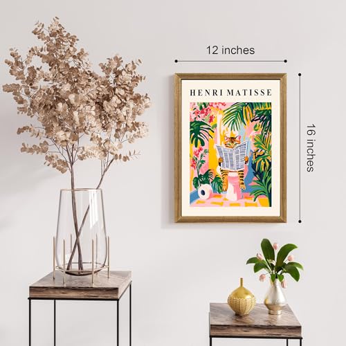 ICHZUMW Funny Tabby Cat Bathroom Wall Art, Framed Colorful Matisse Canvas Print Painting Artwork, Quirky Animal Reading Picture, Girly Pink Dopamine Wall Decor, Restroom Powder Room Bedroom, 12x16in - color: Matisse Reader, size: 16"L x 12"W