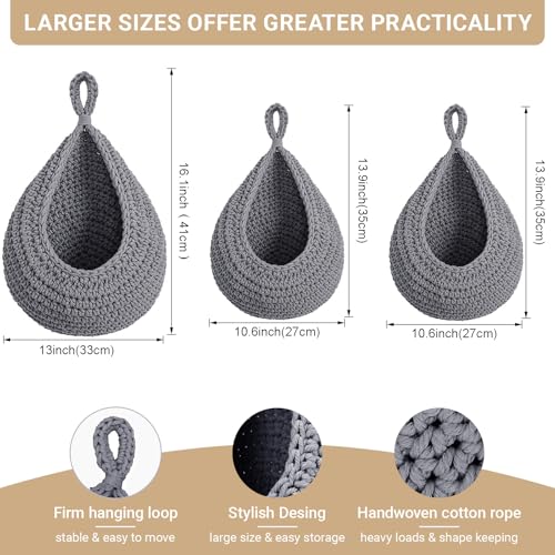 Hanging Fruit Baskets for Kitchen, 3 Pack Boho Cotton Rope Handwoven Vegetable Storage Wall Mounted Large Organizing Basket for Farmhouse Decor, Onion, Potato, Garlic and Plants - color: Grey