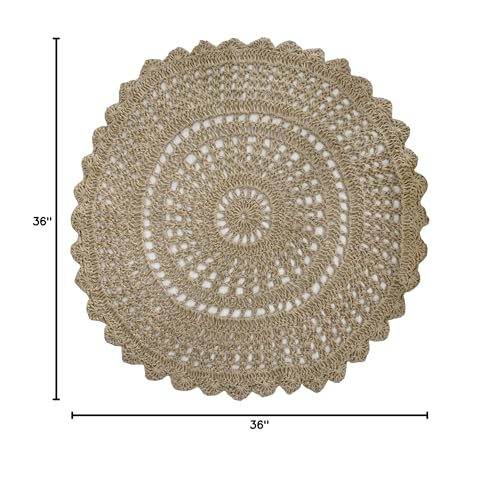 Jute Hand Crochet Rug, Natural - 3 Feet Round, Non Slip Decorative Small Area Rugs for Bedroom, Kitchen, Living Room, Nursery | Farmhouse Accent Scalloped Rustic Door Mat for Patio Décor - color: Natural, size: 3' (Round)