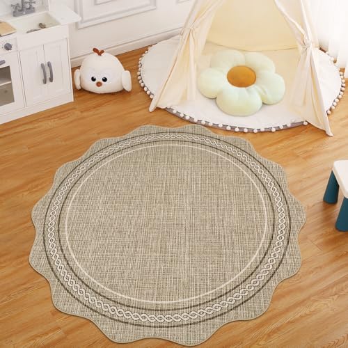 GarveeHome Scalloped Washable Round Rugs, Non-Slip Soft Round Rug 4ft Ultra-Thin, Small Boho Circle Stain Resistant Low Pile Carpet for Entryway Kitchen Bedroom Nursery Bathroom, Brown - color: Jute Color, size: 4' (Round)