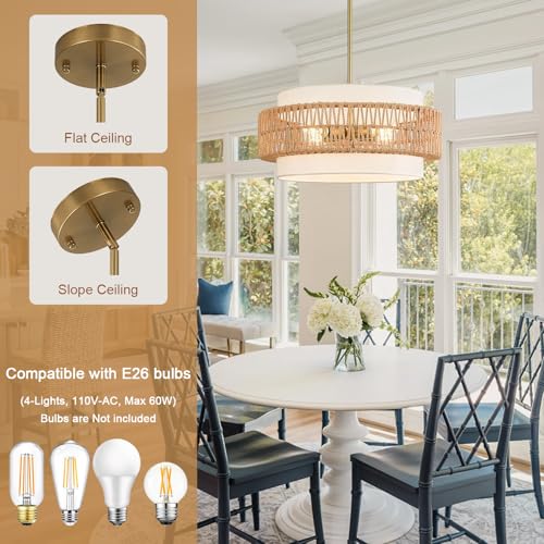 19.7" Boho Rattan Chandelier, 4-Light Large Rattan Pendant Light with Fabric Shade, Boho Drum Ceiling Hanging Light Fixture for Dining Room, Living Room, Kitchen Island, Hallway, Foyer - size: 19.7" V-shaped weaving