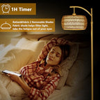 eyassi Arc Floor Lamp with 3 Color Temperatures, LED Gold Floor Lamp with Remote & Stepless Dimmable Bulb, Boho Standing Lamp with Rattan & Fabric Shades, Farmhouse Tall Lamp for Living Room Bedroom - style: Bohemian-Gold