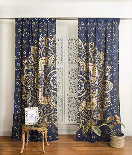 Popular Handicrafts Indian Hippie Bohemian Beautiful Passion Ombre Color Mandala Curtain Panels Blue Gold - color: Blue Gold, size: 25"W x 74"L (Pack of 2)