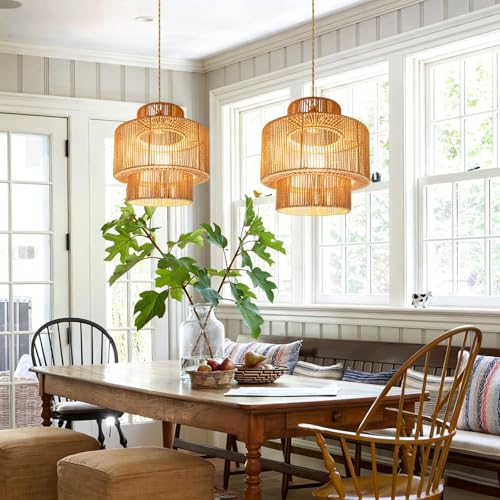 12.6'' Boho Rattan Chandelier Pendant Light Hand-Woven Wicker Pendant Light Fixture Farmhouse Rustic Ceiling Hanging Lamp for Dining Room Over Table Kitchen Island Living Room Bedroom Foyer - color: 12.6″