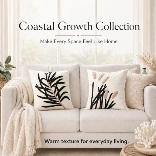 Coastal Growth Decorative Throw Pillow Cover | Tufted Botanical Design | Handmade Artisan Accent Pillow | Neutral Cream & Black Modern Organic Home Decor | 16in x16 in | Obsidian Reed