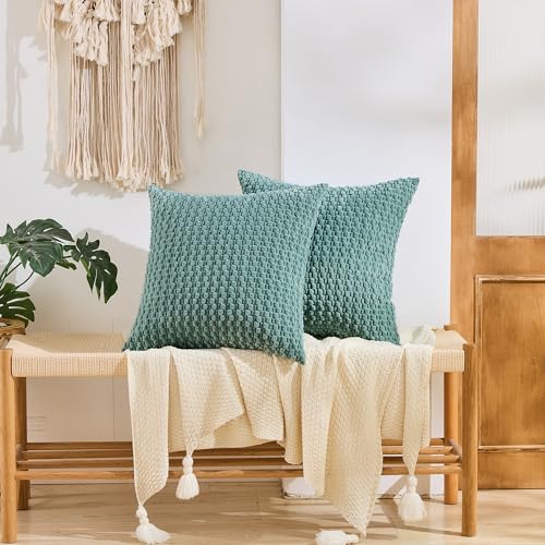 GAWAMAY Decorative Throw Pillow Covers 18x18 Inch Set of 2 for Living Room Couch Bed Sofa, Farmhouse Square Cushion Cover Soft Striped Corduroy Pillow Cases Boho Accent Home Decor (45x45cm) Blue Green - color: Blue Green, size: 18" x 18" (Pack of 2)