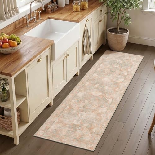 SIRIS 2x6 Washable Runner Rug, Symmetrical Botanical Floral Rug, Vintage Soft Low-Pile Non-Slip Floor Mat, High-Traffic Aisle Kitchen Runner for Entryway Laundry Room Bathroom, Muted Rose - color: Siris Muted Rose, size: 2' x 6' (Runner)