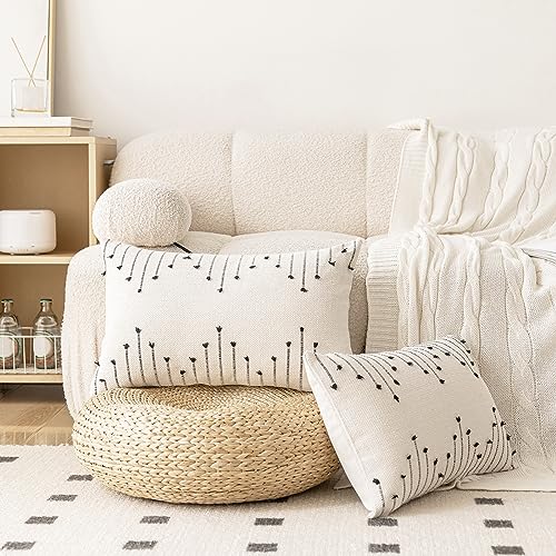 LILEPOY Boho Throw Pillow Covers 12x20 Set of 2 Neutral Decorative Textured Cushion Case Farmhouse Pillowcase Modern Lumbar Pillow Covers for Sofa,Couch, Living Room,Beige and Black - color: Beige and Black, size: 20" x 12" (Pack of 2)