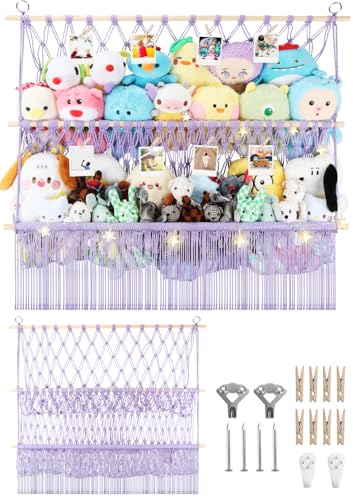 2 Tier Stuffed Animal Storage Shelf Net, 35x30'' Large Plushie Net w/ 2.4/1'' Dense Mesh for Mini Medium Stuffy Teddy, Purple Boho Macrame Toy Holder Display w/ Lights&Clips for Nursery Kid Girl Boy - color: Light Purple, size: Large-2 Tier-35x30 Inch
