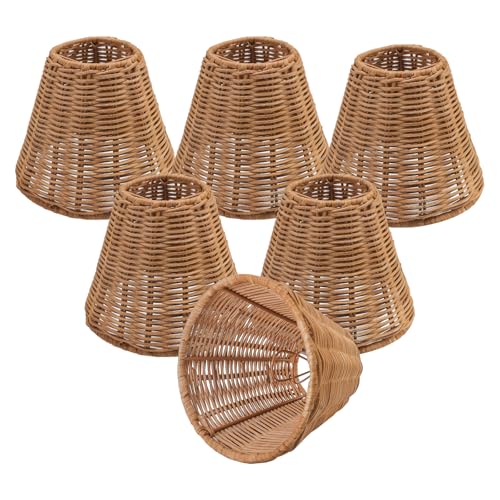 KASTLITE Woven Rattan Chandelier Lamp Shades - Empire Clip On Ceiling Light Cover - Boho Lampshades for Small Table & Sconce Fixtures - 3" Top x 6" Bottom x 5.25" Slant, Natural Brown Wicker, Set of 6