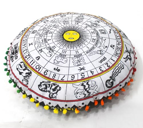 Black and Yellow Zodiac Round Mandala Floor Pillow Cover Seating Cushion Throw Cover Hippie Decorative Bohemian Ottoman Pouf Cover, Pom Pom Pillow Cases,Boho Indian 32 Inches - color: Black/Yellow, size: 32" Round