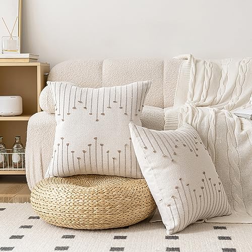 LILEPOY Boho Throw Pillow Covers 18x18 Set of 2 Neutral Decorative Textured Cushion Case Farmhouse Pillowcase Modern Square Pillow Covers for Sofa,Couch, Living Room,Beige and Khaki - color: Beige and Khaki, size: 18" x 18" (Pack of 2)