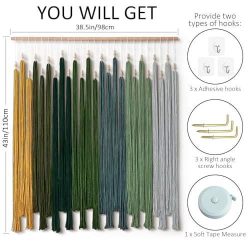 KHOYIME Macrame Wall Hanging Large Boho Home Decor Aesthetic, Bohemian Green Tassels Tapestry Modern Handmade Artwork Chic Wall Art Decorations for Living Dining Room Bedroom Nursery Office 38.5"x43" - color: Green