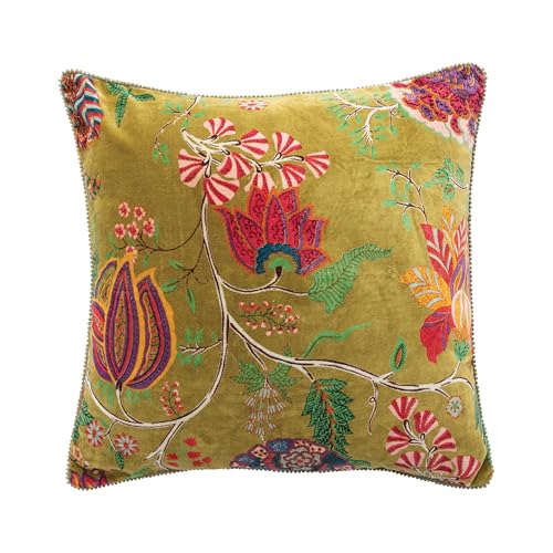 Creative Co-Op Cotton Blend Velvet Printed Pillow with Flowers and Mini Pom Pom Trim, Multicolor