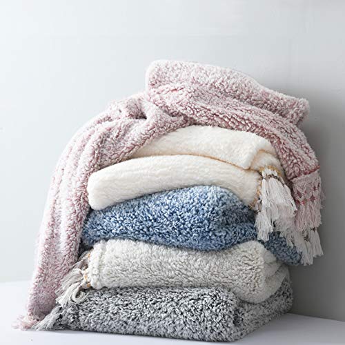 Ultra Soft Cozy Sherpa Throw Blanket, Light Weight Warm Decorative Throw Blanket with Tassel, Solid Antique White Pattern Reversible Boho Style Blanket for Sofa, Couch, Bedroom,Travel, 50”x60” - color: Antique White With Tassel, size: Throw-50'' x 60''