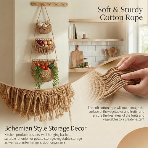 3 Tier Hanging Fruit Basket, Jute Wall Baskets, Hanging Produce Baskets for Storage Fruits and Vegetables, Hanging Basket Wall for Kitchen, Bedroom, Bathroom (Brown) - color: Brown, size: 3 Tier / Standard
