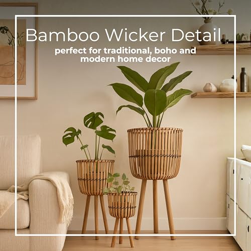 Decorative Bamboo Footed Planters for Home Decor - Garden Plant Pots for Indoor Living Room Decor or Outdoor Patio Areas - Flower Pots for Entryway and Backyard - Set of 3, 30", 26", 22", Brown - color: Woven Natural/Black, size: 26" H