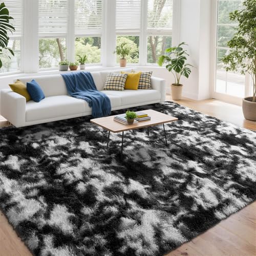 DweIke Fluffy Black White Shag Rugs for Bedroom Living Room, 3x5 Feet Soft Plush Tie-Dyed Cow Girls Boys Kids Rug, Non-Slip and Machine Washable Carpet for Dorm Nursery Classroom Decor - color: Tie-dyed Black, size: 3 Ft X 5 Ft