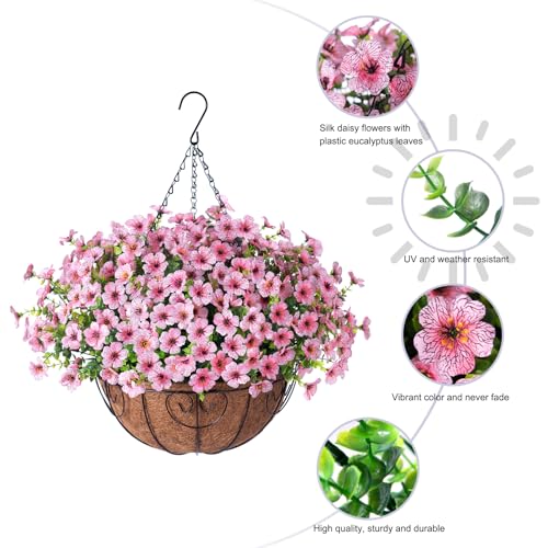 HyeFlora Artificial Fake Hanging Plants Flowers with Basket Outdoor Spring Decor, Faux Silk Pink Daisy in Pot Planter Realistic UV Resistant for Porch Home Indoor Patio Balcony Garden Yard - color: Pink