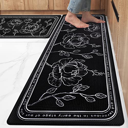ROTTOGOON Kitchen Floor Mat Set of 2, Cushioned Anti Fatigue Kitchen Mat 17"x59"+17"x29", Non-Slip Waterproof Kitchen Rug, Premium PVC Comfort Kitchen Mats and Rugs for Kitchen, Office, Home, Laundry - color: Black, size: 17"x59"+17"x29"