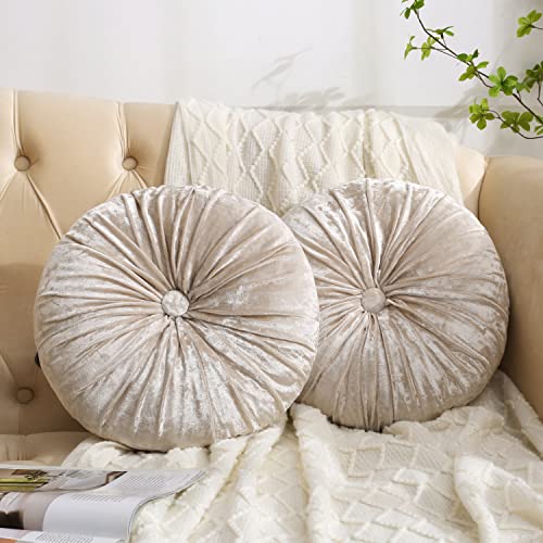 Verpert Pack 2：Round Floor Cushions Pillow, Solid Color Velvet Meditation Cushion Pumpkin Pleated Meditation Pillow for Home Sofa Bed Car Decor Floor Pillow Cushion Beige - color: Beige