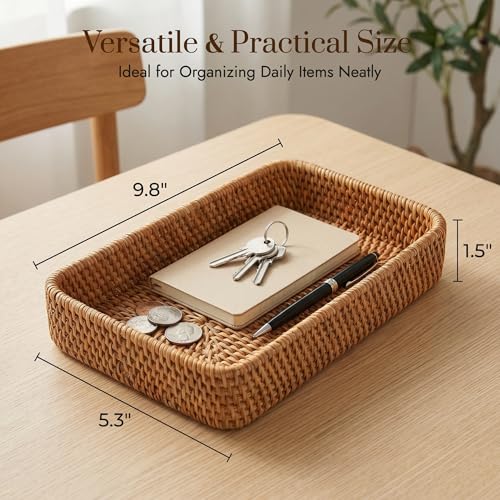 9.8" x 5.3" Rattan Tray, Wicker Decorative Tray, Woven Tray Rectangular, Natural Vanity Tray, Catchall Organizer Storage for Bathroom Kitchen Counter Entryway Coffee Bar Nightstand (Rectangular S) - color: Natural S (9.8×5.3×1.5")