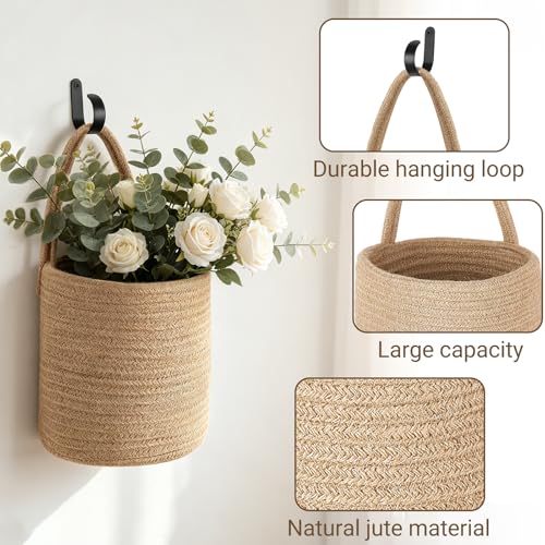 Dahey Hanging Wall Baskets for Kitchen 3 Pack Woven Basket for Fruit Plant Organizing 3 Sizes Farmhouse Rustic Boho Bathroom Storage Organizer for Living Room Bedroom Entryway Home Decor, Brown