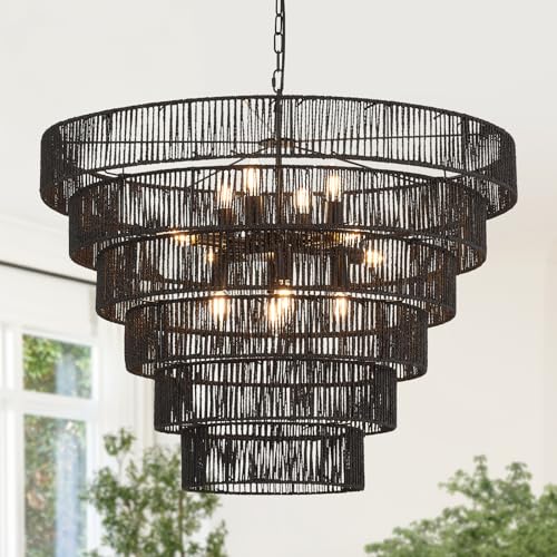31.49" Large Rattan Black Chandelier for Dining Room, Farmhouse 12-Lights Boho Hand-Woven Bamboo Chandelier, Drum Wicker Black Chandeliers for Kitchen Island, Living Room, Bedroom, Entryway - color: Black 31IN