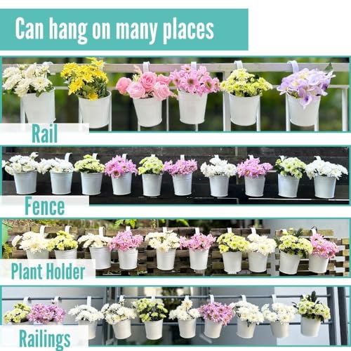 LaLaGreen Hanging Planters - 10 Pack, 4 Inch Balcony Railing Hanging Herb Garden Wall White Metal Bucket Fence Planter for Outdoor Plants Flower Pot Deck Rail Porch Window Box Hooks Macetas Colgante - size: 4 Inch (White)